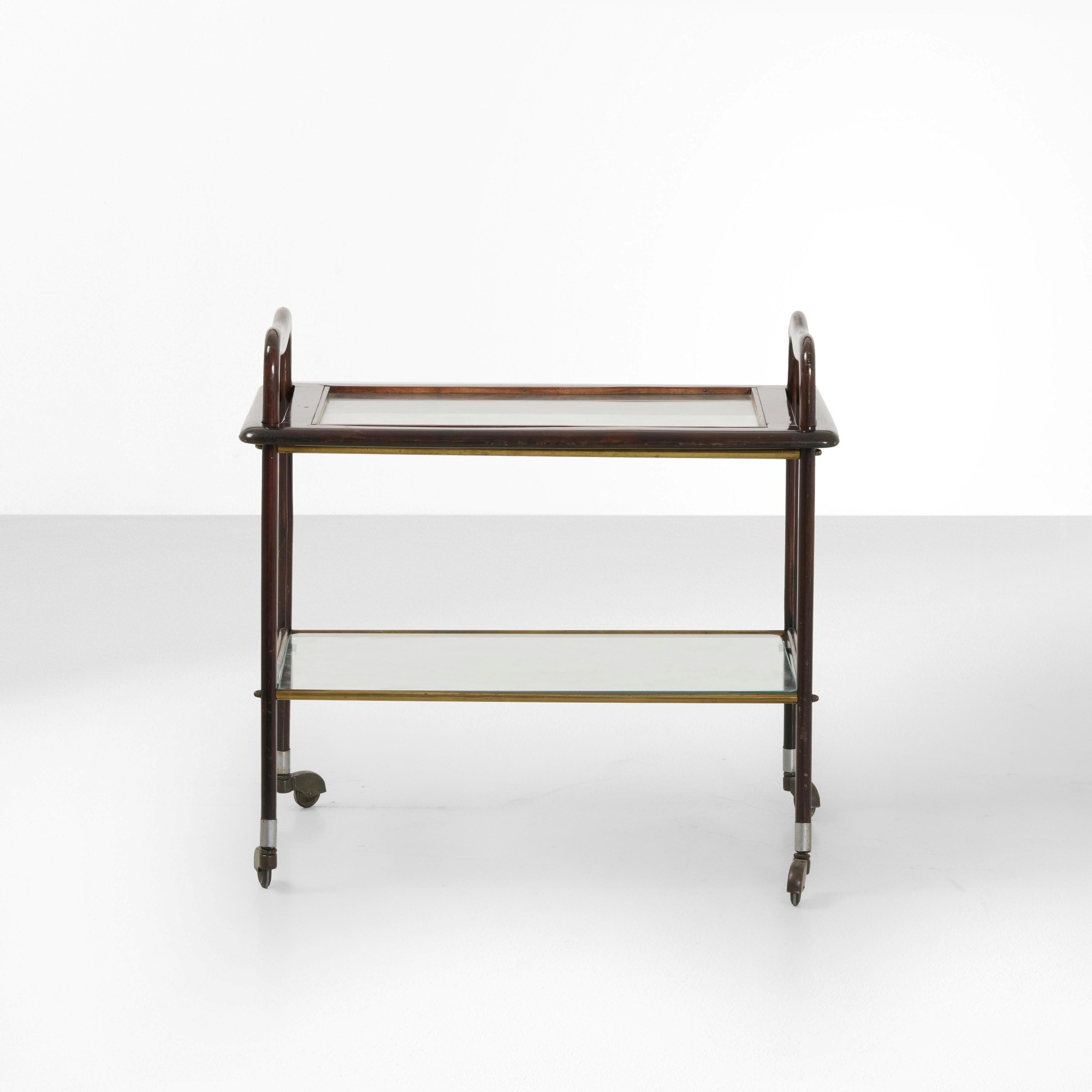 Carrello, struttura in legno e ottone con piani in cristallo molato (produzione italiana, 1950 ca...