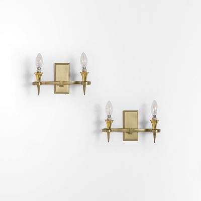Produzione francese (ca. 1940), Coppia di lampade da parete in bronzo dorato e ottone