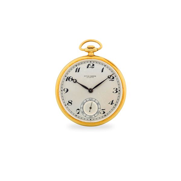 Orologio da tasca in oro giallo 18k, quadrante argentè con lancette e numeri Breguet, piccoli secondi al sei, circa 1940