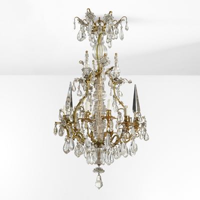 Lampadario, metallo dorato e cristalli di Rocca