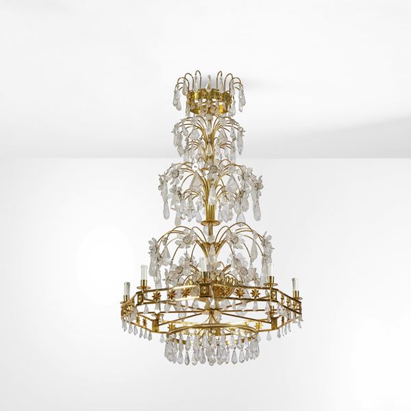 Lampadario in bronzo dorato e cristalli di Rocca