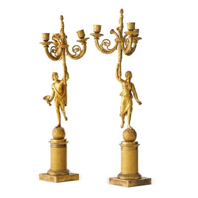 Coppia di candelabri, bronzo fuso dorato e cesellato (XIX secolo)
