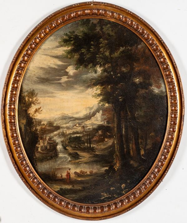 Scuola del XVIII secolo Paesaggio fluviale con figure