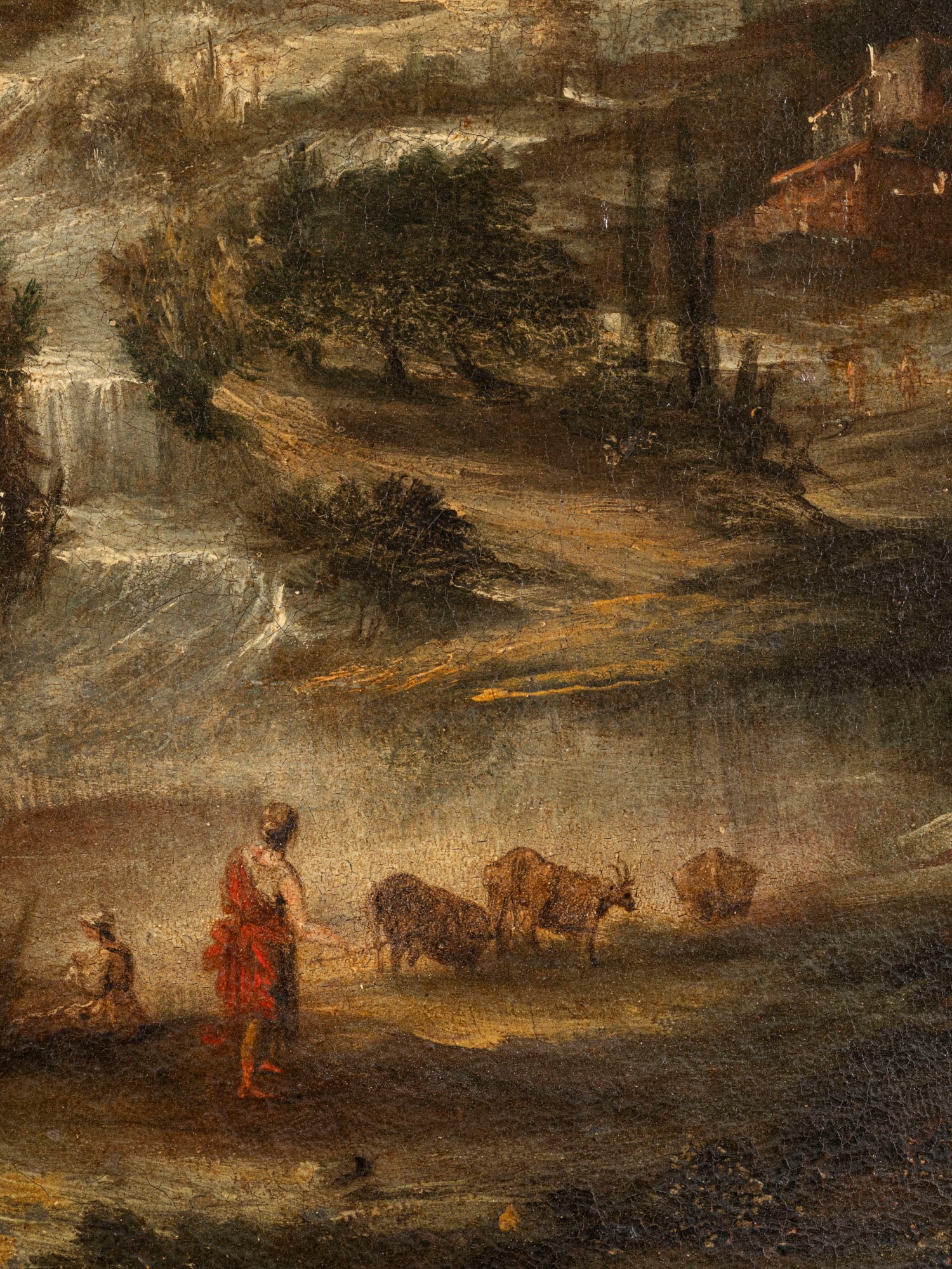 Scuola del XVIII secolo, Paesaggio fluviale con figure, olio su tela ovale
