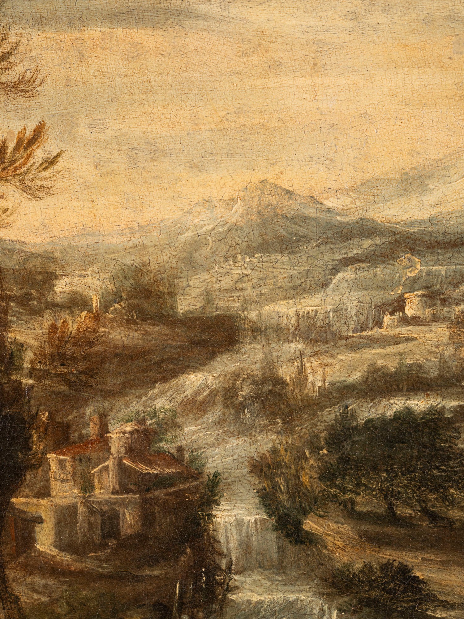 Scuola del XVIII secolo, Paesaggio fluviale con figure, olio su tela ovale