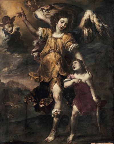 Artista genovese del XVII secolo, Tobiolo e l’angelo, olio su tela