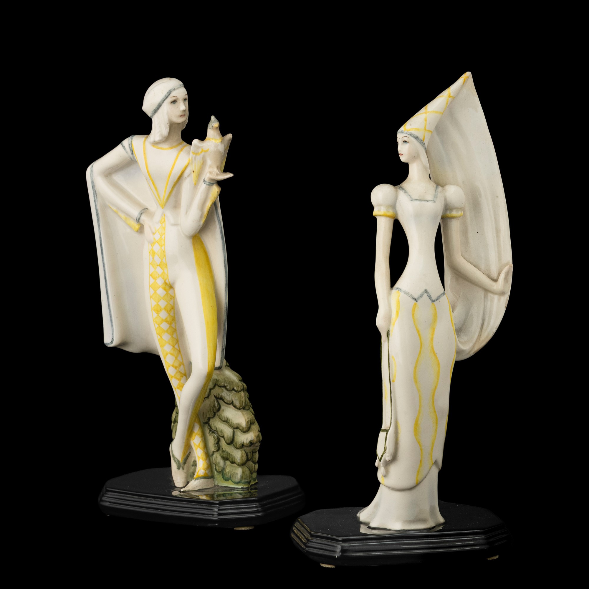 Mario Sturani - Falconiere e Castellana (coppia di figure in terraglia policroma)