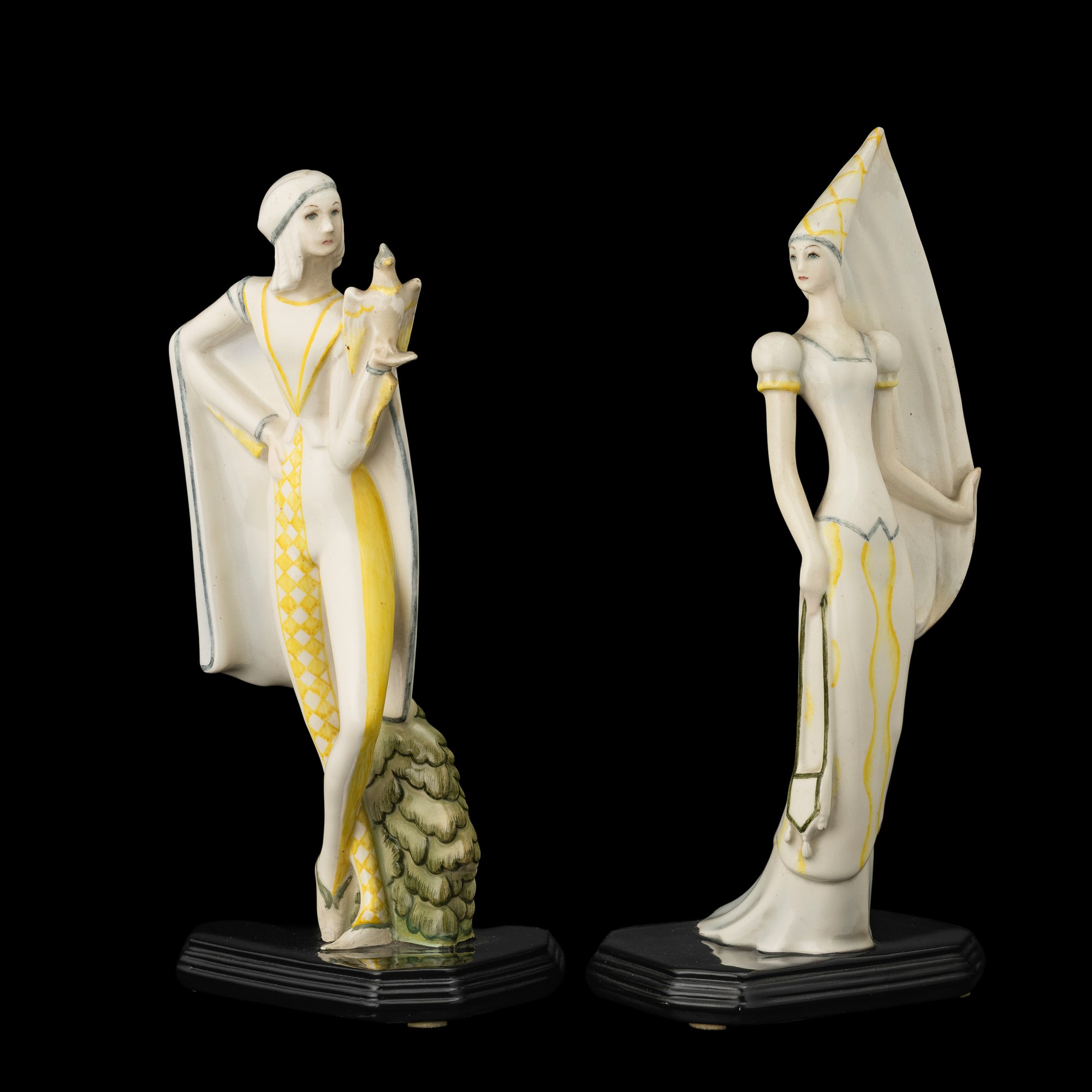 Mario Sturani - Falconiere e Castellana (coppia di figure in terraglia policroma)