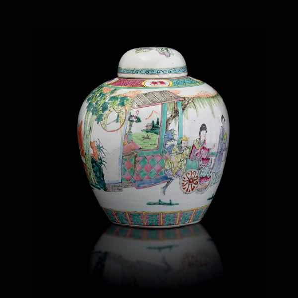 Potiche in porcellana Famiglia Rosa raffigurante scena di vita comune, Cina, Dinastia Qing, inizio XX secolo