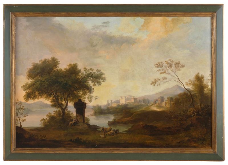 Scuola del XVIII secolo Paesaggio fluviale con pastori e armenti  - olio su tela - Auction Antiques - Cambi Casa d'Aste