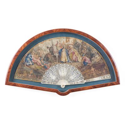 Francia, Ventaglio pieghevole con pagina in pelle dipinta a tempera (circa 1765)