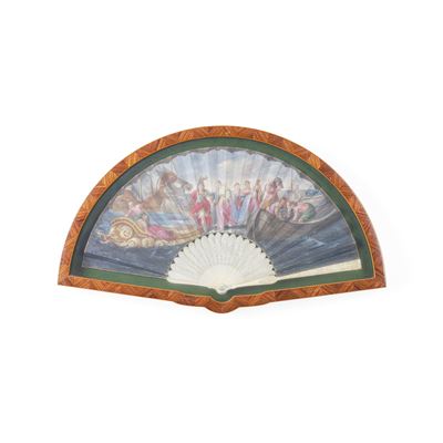 Ventaglio pieghevole, pagina dipinta in tempera su carta, stecche in avorio scolpito e inciso con...