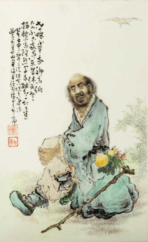 Placca in porcellana raffigurante saggio con iscrizioni, Cina, Repubblica