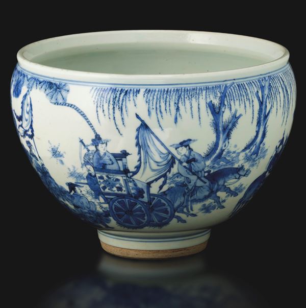 Vaso in porcellana bianca e blu raffigurante scena di corte, Cina, Dinastia Qing, Repubblica