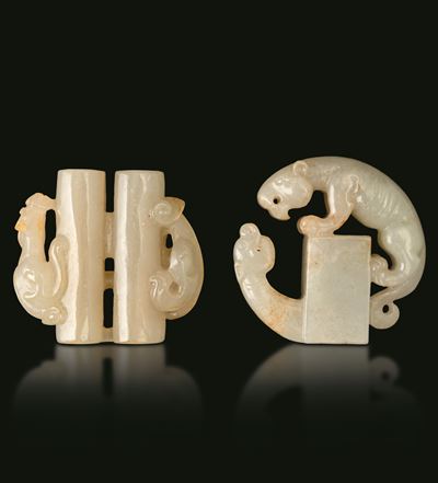Giada bianca, Figura di felino e bocchino, Cina, Dinastia Qing, XIX secolo
