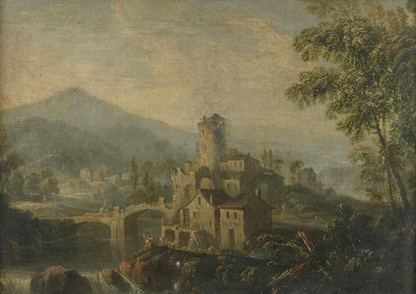 Scuola del XVIII secolo Paesaggio fluviale con architetture e contadini