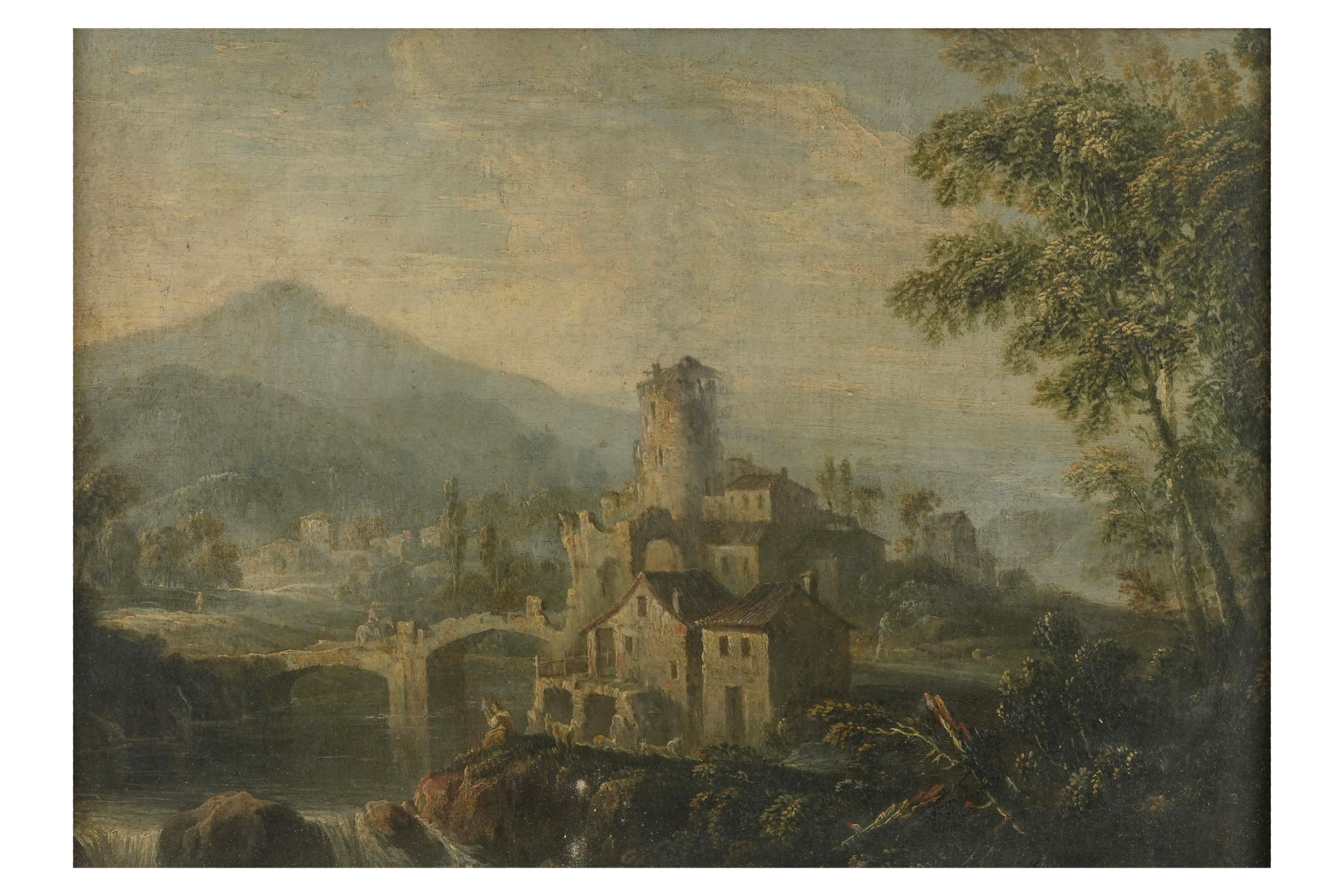 Scuola del XVIII secolo, Paesaggio fluviale con architetture e contadini, olio su tela