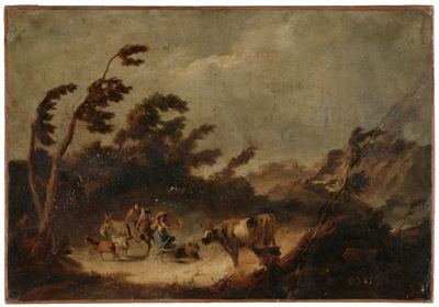 Scuola veneta del XVIII-XIX secolo, Pastori assaliti da un lupo, olio su tela
