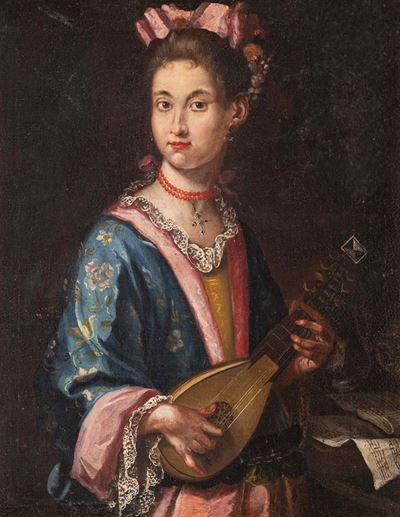 Scuola napoletana del XVIII secolo, Ritratto di fanciulla con mandolino, olio su tela