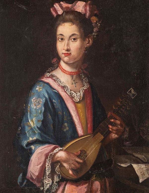 Scuola napoletana del XVIII secolo Ritratto di fanciulla con mandolino