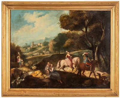 Scuola del XVIII secolo, Paesaggio fluviale con viandanti e contadini, olio su tela