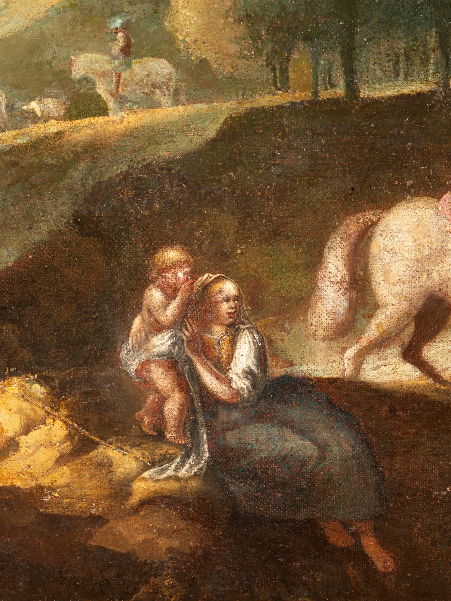 Scuola del XVIII secolo, Paesaggio fluviale con viandanti e contadini, olio su tela