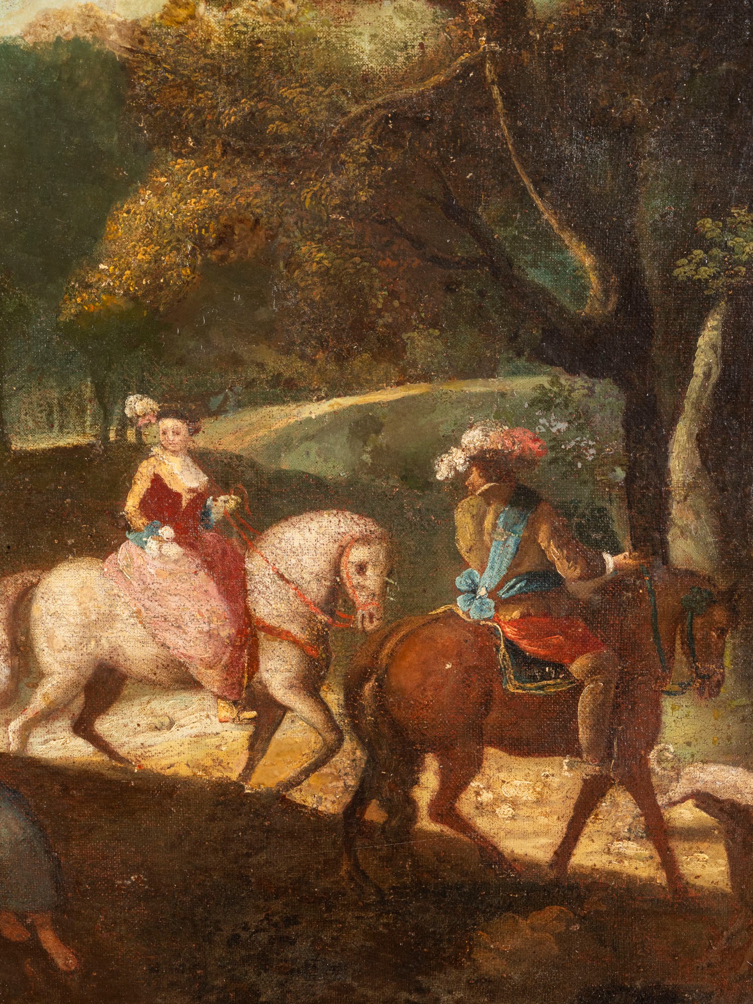 Scuola del XVIII secolo, Paesaggio fluviale con viandanti e contadini, olio su tela