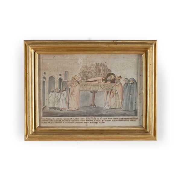 Antico acquarello (pagina di manoscritto?) La prima traslazione del corpo di San Zenobi