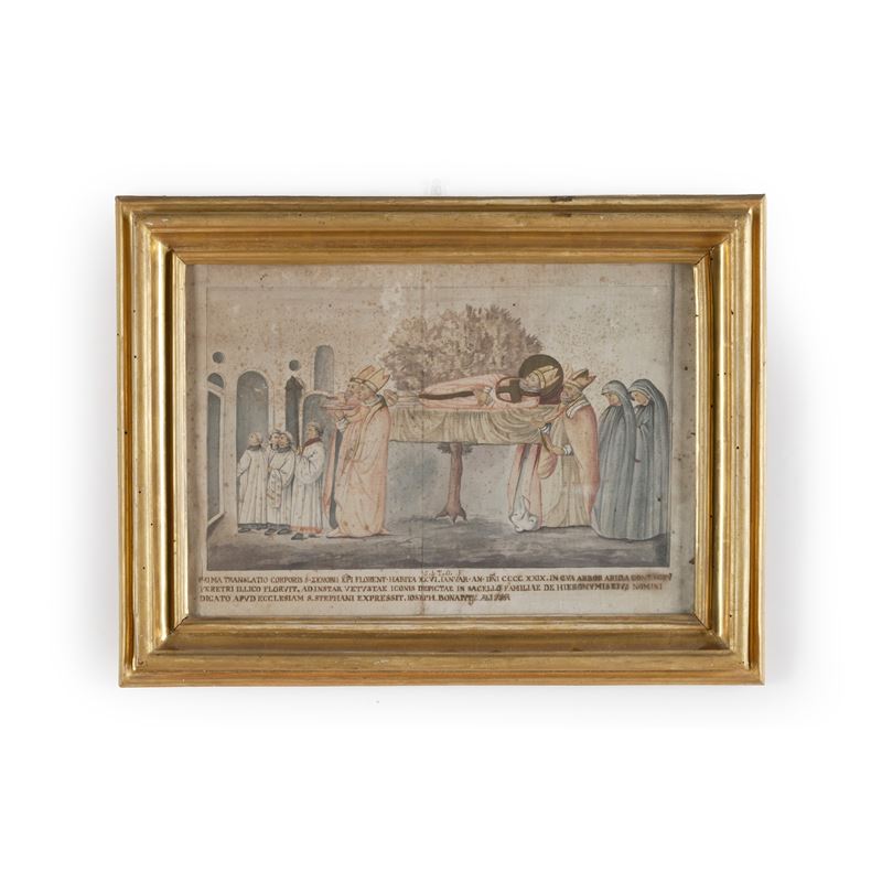 Antico acquarello (pagina di manoscritto?) La prima traslazione del corpo di San Zenobi  - Asta Dimore Italiane TIME - Cambi Casa d'Aste