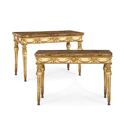 Coppia di consoles neoclassiche toscane, legno intagliato laccato e dorato con piano in marmo, XV...