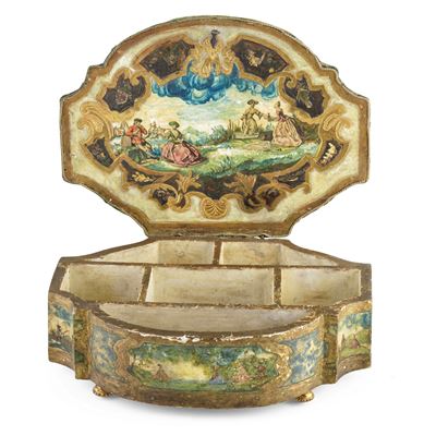 Veneto XVIII secolo, Cofanetto da lavoro in legno intagliato e decorato ad arte povera