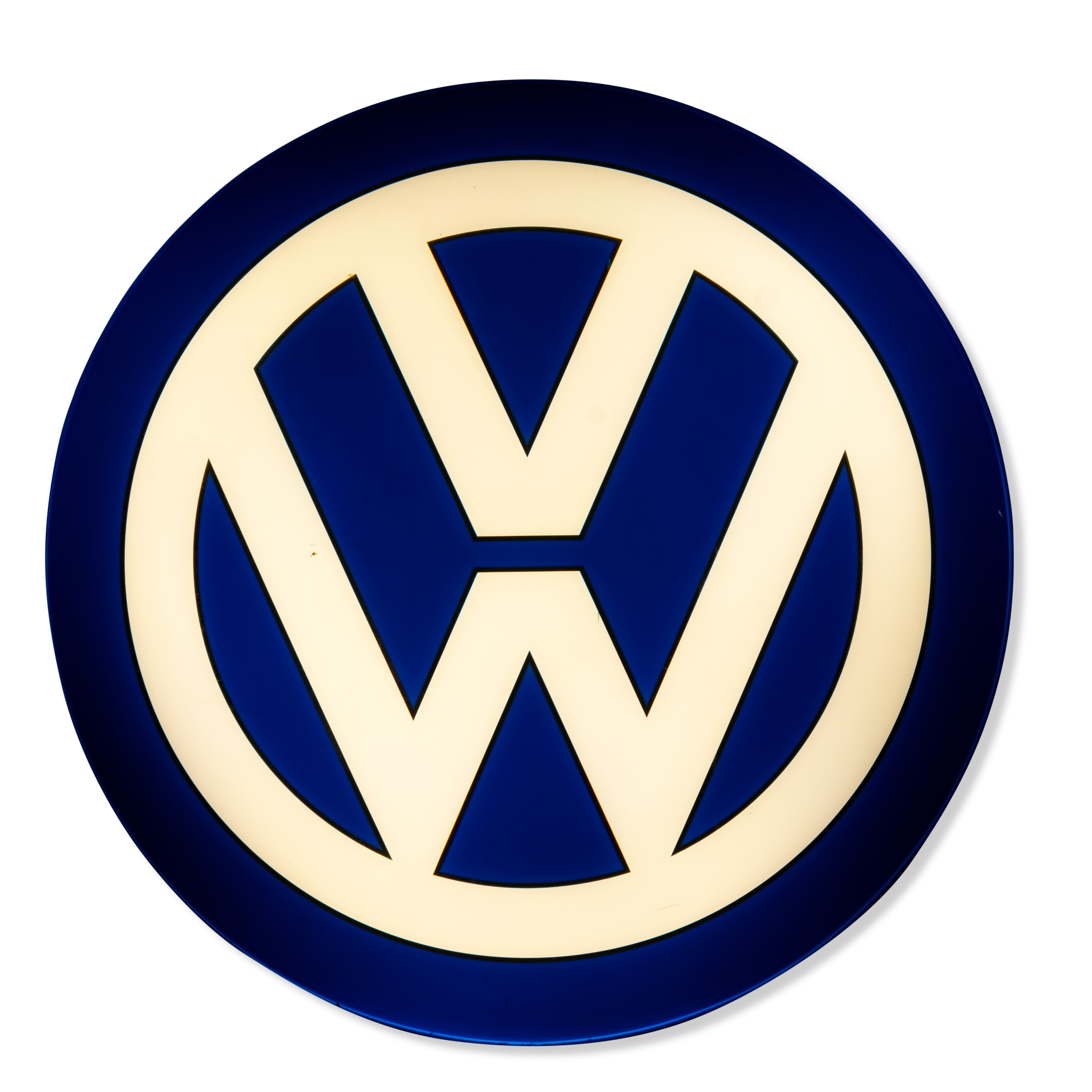 Insegna luminosa Volkswagen, termoformata in plastica e metallo, circa 1990