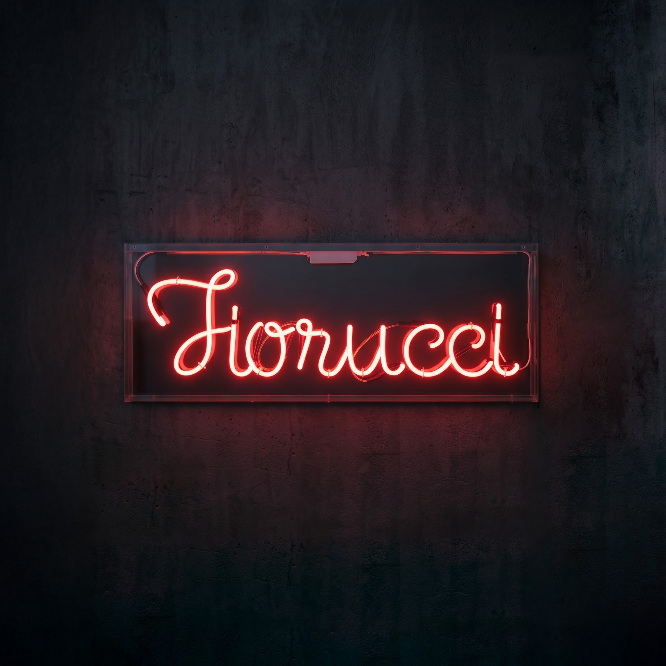 Insegna a filo neon, cassonato in plexiglass (circa 1970)