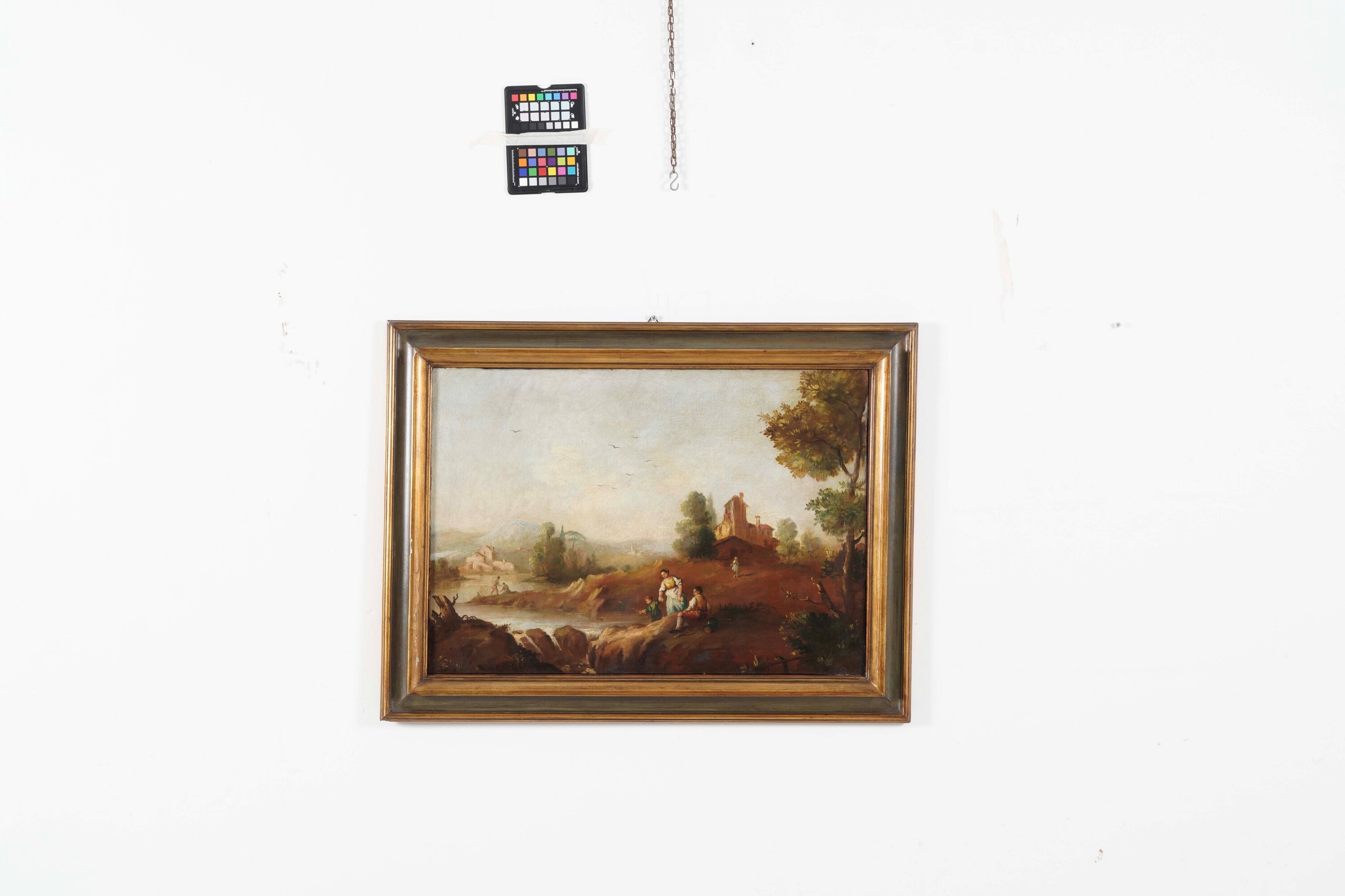 Scuola veneta del XVIII secolo, Paesaggi fluviali con contadini, coppia di dipinti, olio su tela