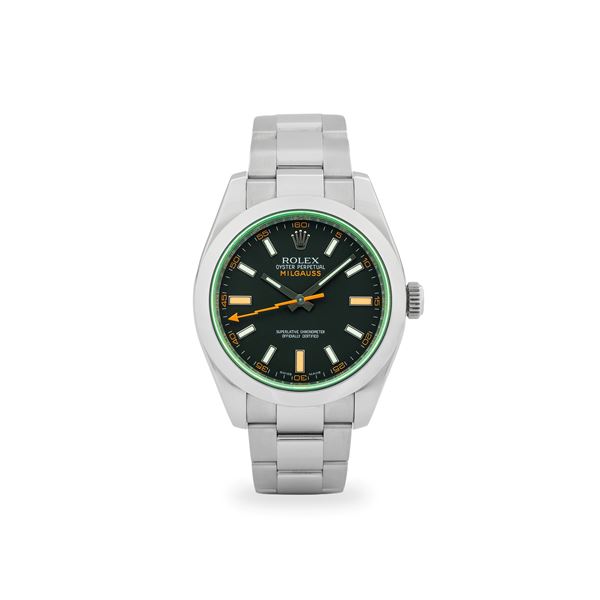 Oyster Perpetual Milgauss ref. 116400GV in acciaio, quadrante nero vetro verde, con scatola e garanzia, circa 2008