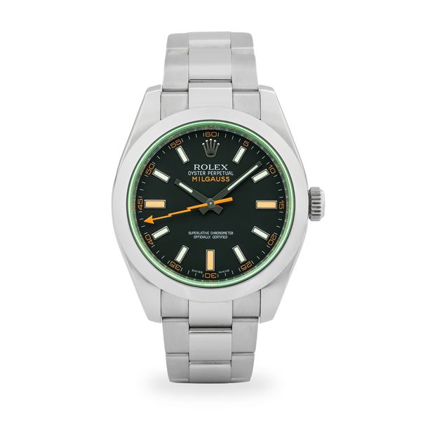 Rolex - Oyster Perpetual Milgauss ref. 116400GV in acciaio, quadrante nero vetro verde, con scatola e garanzia, circa 2008