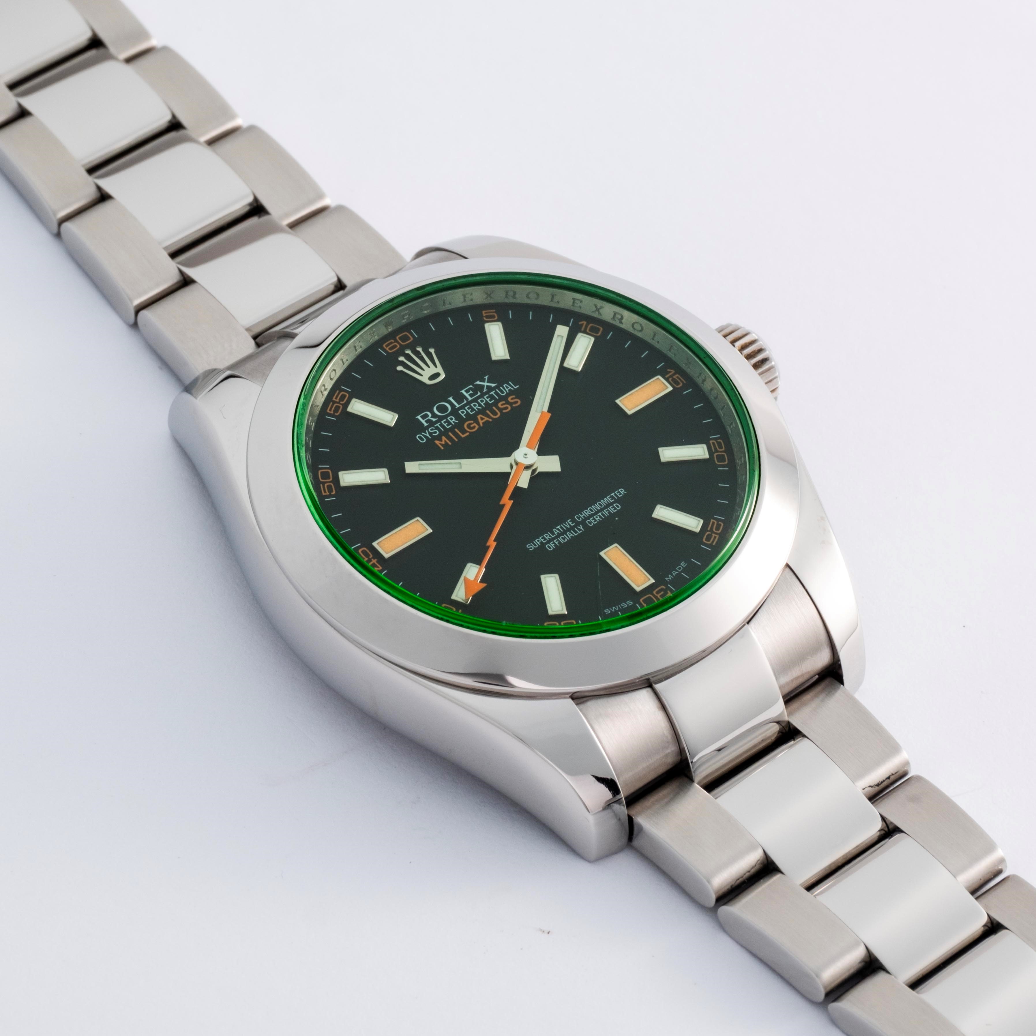 Rolex - Oyster Perpetual Milgauss ref. 116400GV in acciaio con quadrante nero e vetro verde (circ...