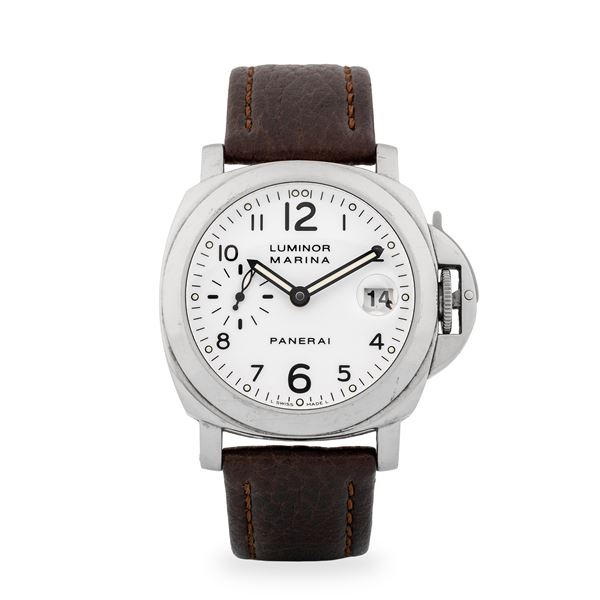 Officine Panerai - Luminor Marina in acciaio, quadrante bianco con datario al tre e piccoli secondi al nove, con scatola e garanzia, circa 2000