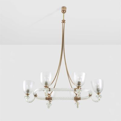 Lampada a sospensione in ottone e vetro di Murano