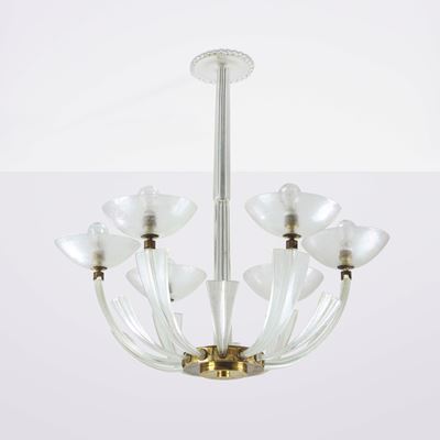 Lampada a sospensione in ottone e vetro di Murano acidato con applicazioni in foglia oro
