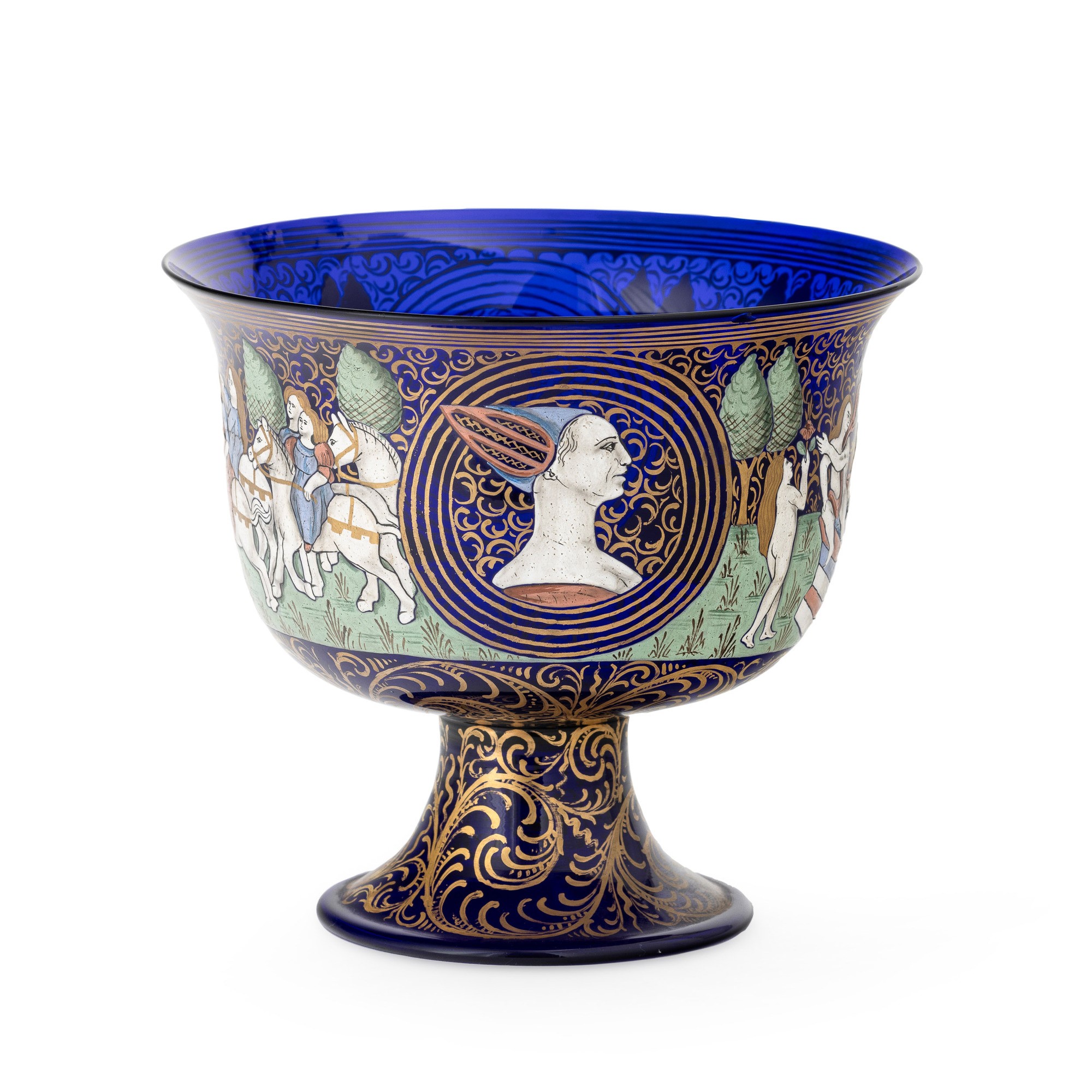 Barovier, Coppa su piede troncoconico in vetro soffiato blu (Murano, XX secolo)
