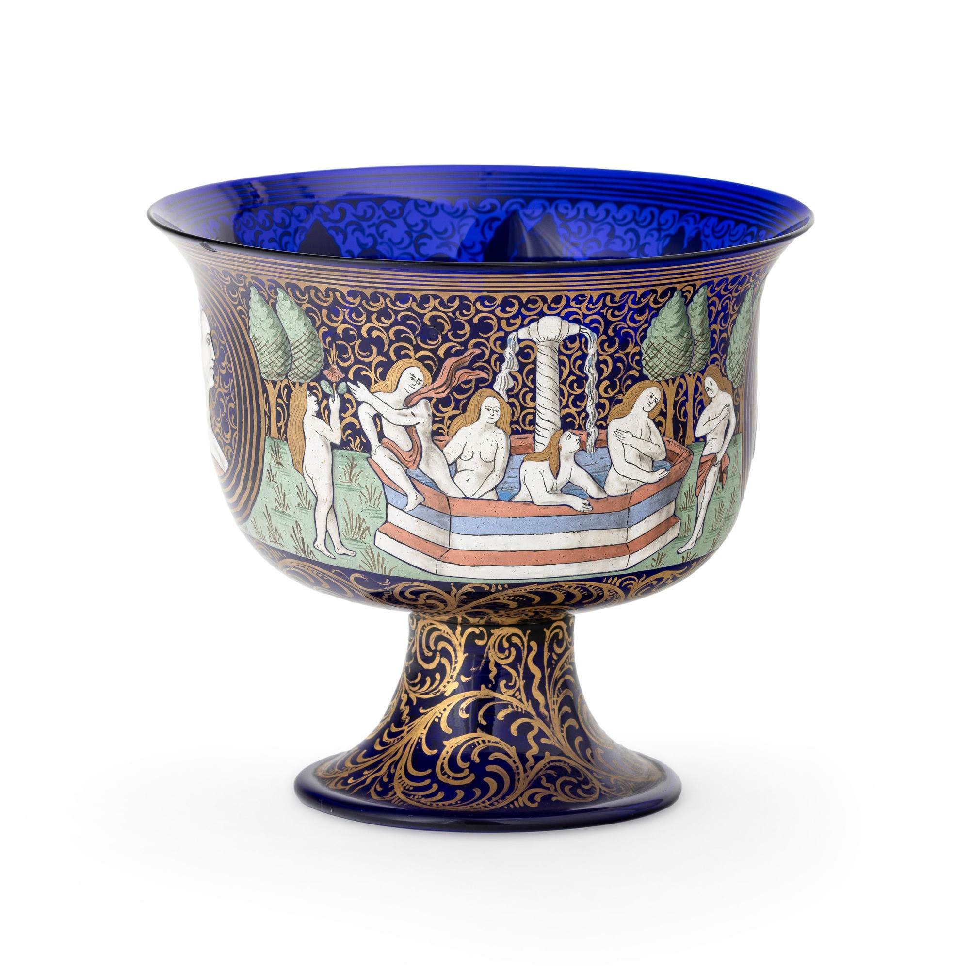 Barovier, Coppa su piede troncoconico in vetro soffiato blu (Murano, XX secolo)