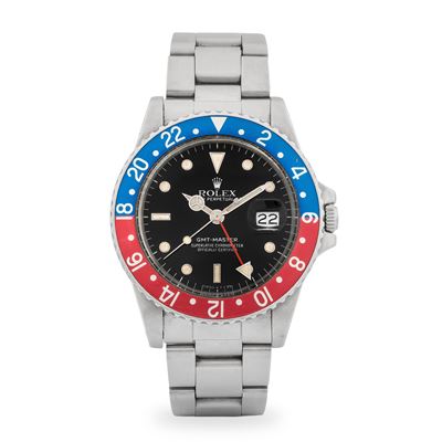 GMT-Master ref. 16750 “Pepsi”, acciaio, quadrante nero glossy con lancette Mercedes, ca. 1982