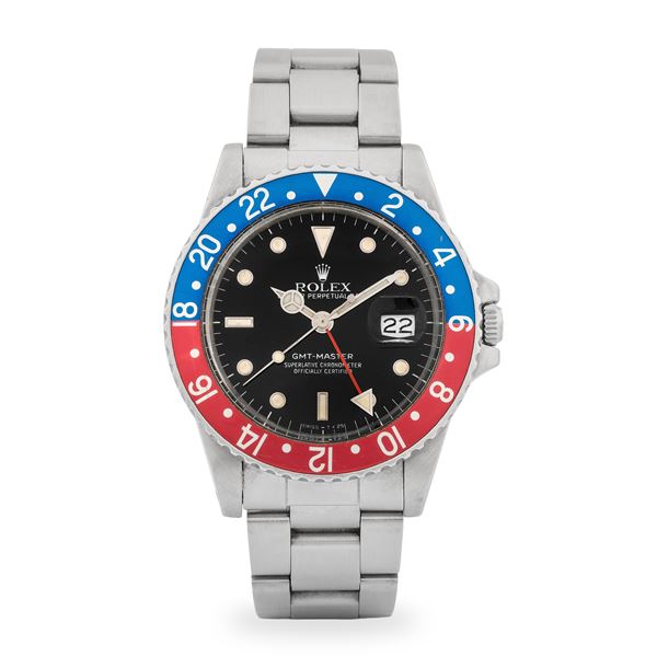 Rolex - GMT Master "Pepsi" ref. 16750 in acciaio, quadrante nero matt "Bicchierini" con lancette Mercedes, con scatola e garanzia, circa 1982
