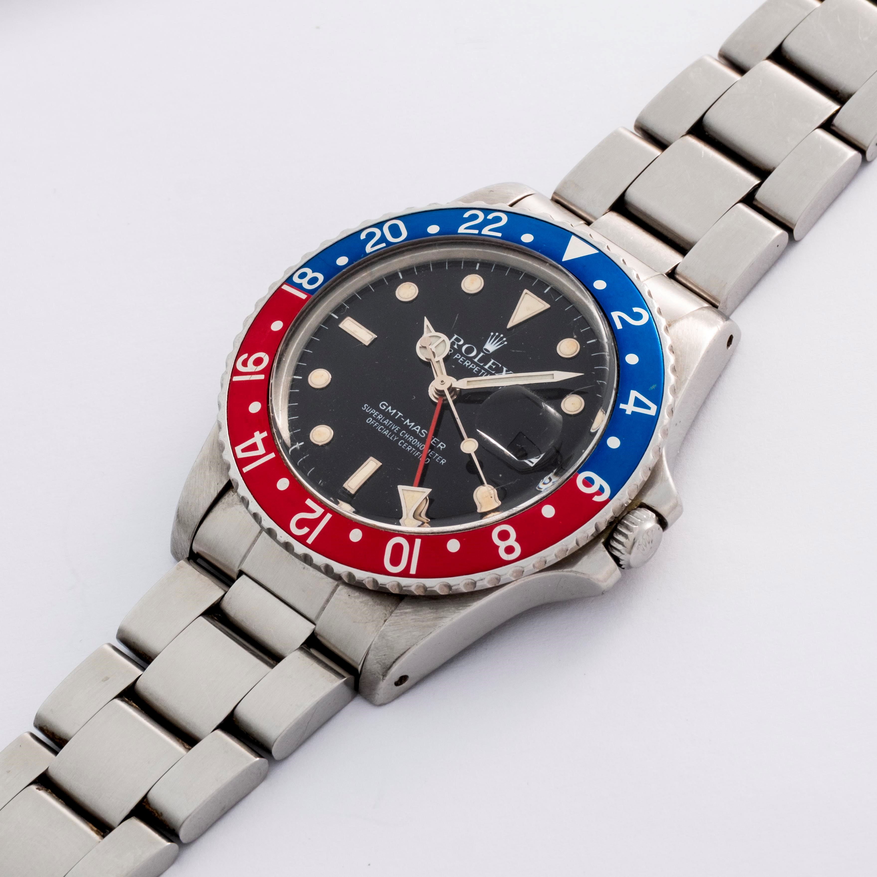 Rolex - GMT-Master ref. 16750 “Pepsi”, acciaio, quadrante nero glossy con lancette Mercedes, ca. ...