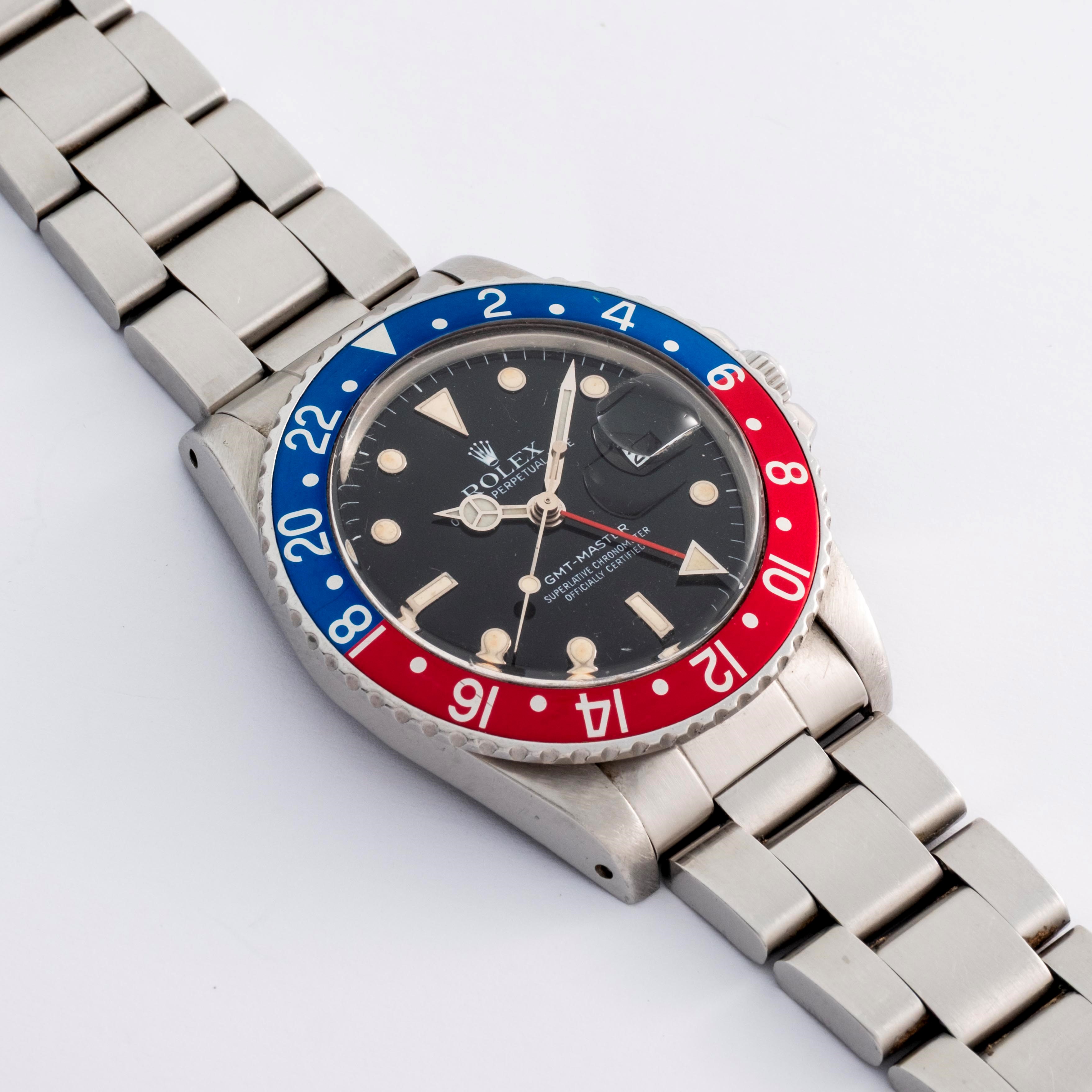 Rolex - GMT-Master ref. 16750 “Pepsi”, acciaio, quadrante nero glossy con lancette Mercedes, ca. ...