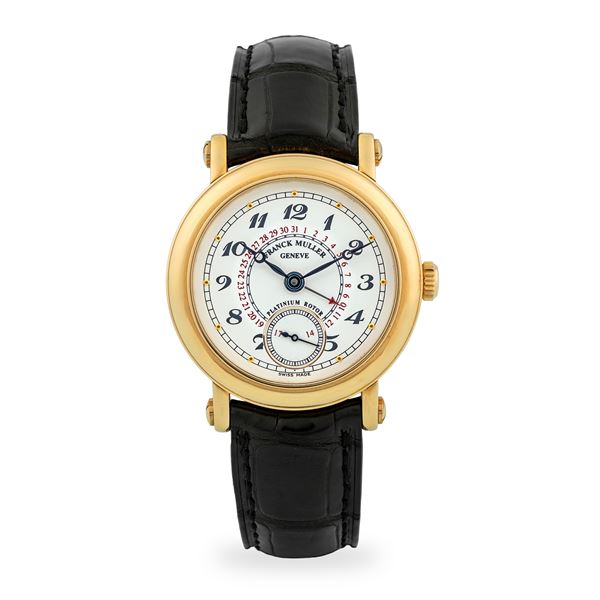 Franck Muller - Date ref. 3801 S6 Q in oro giallo 18k, quadrante bianco con datario a lancetta e numeri Breguet, rotore in platino, circa 1990