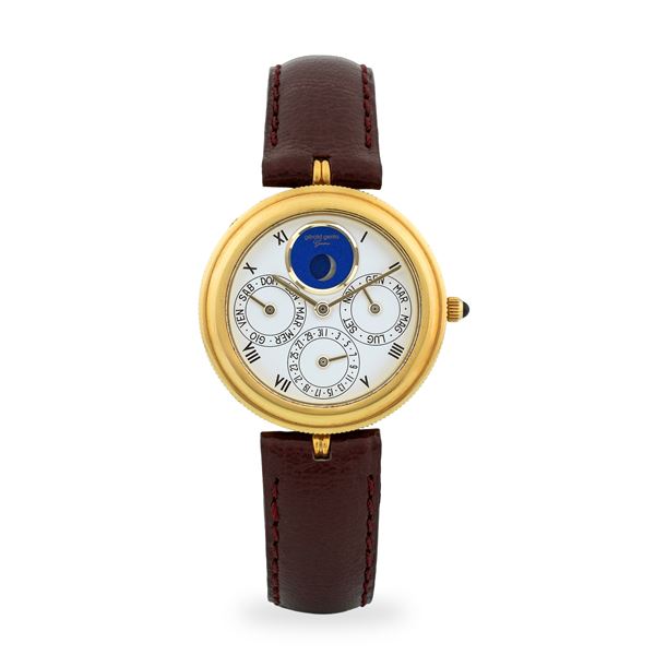 Gerald Genta - Demi Perpetuelle ref. G 2426/4 in oro giallo 18k con anse Vendome, quadrante argentè con numeri Romani e indicazione delle fasi lunari, circa 1990