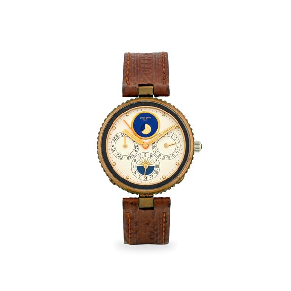 Gefica Safari ref. G 2796-4 in bronzo con anse vendome, quadrante argentè con indicatori delle fasi lunari, giorno del mese, 24 ore e giorno della settimana, circa 1980
