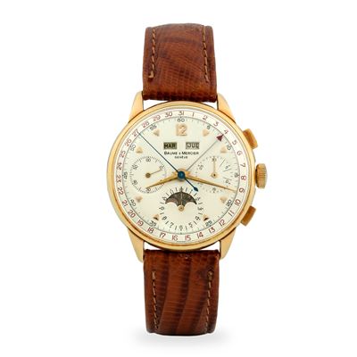 Cronografo ref. 3925 in oro giallo 18k con quadrante argenté e fasi lunari, circa 1950
